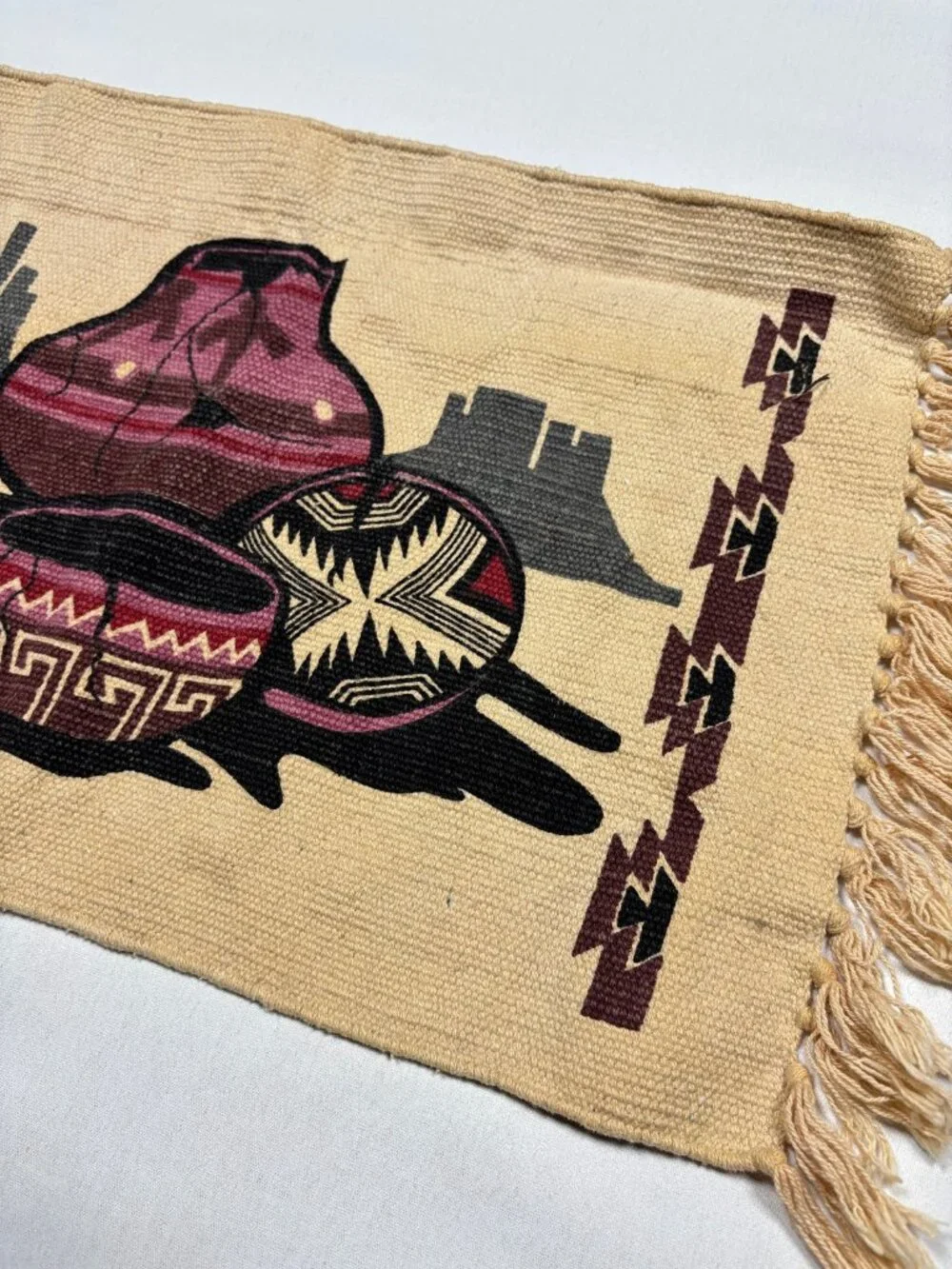 Vtg Southwestern Woven Cotton Fringed Placemat Rug El Paso Saddleblanket Style